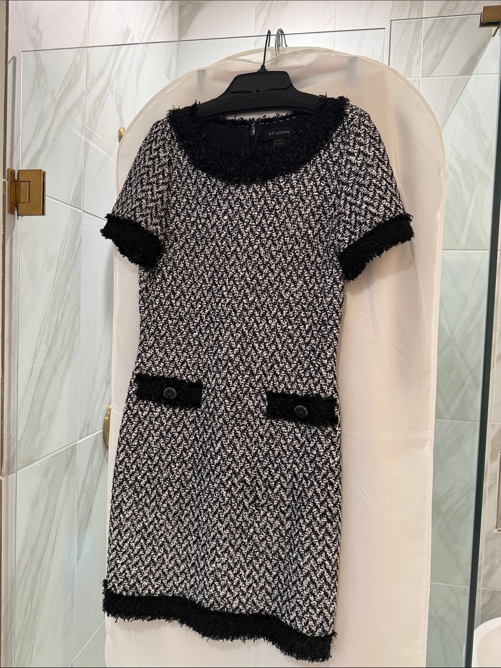 St. John Black & White Tweed Short-Sleeve Dress